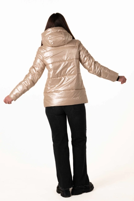 Бежевый биопуховик с капюшоном для зимы-2