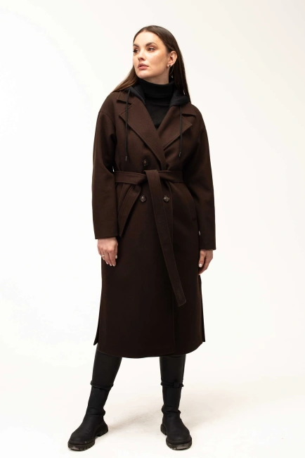 Жіноче пальто коричневе з чорним капюшоном-10