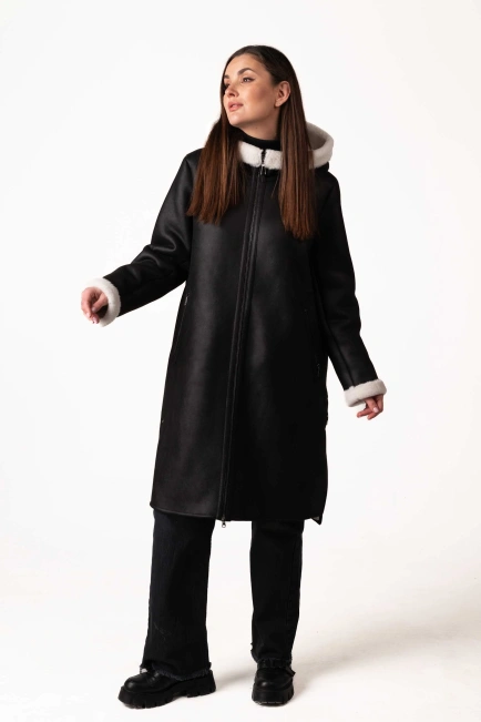 Женская чёрная экодублёнка с белым эко-мехом-6
