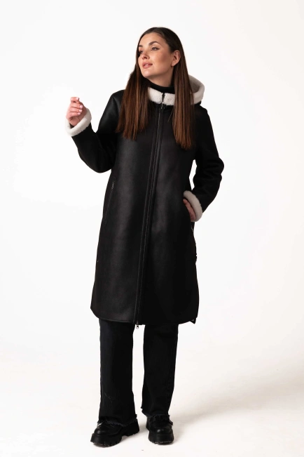Женская чёрная экодублёнка с белым эко-мехом-8
