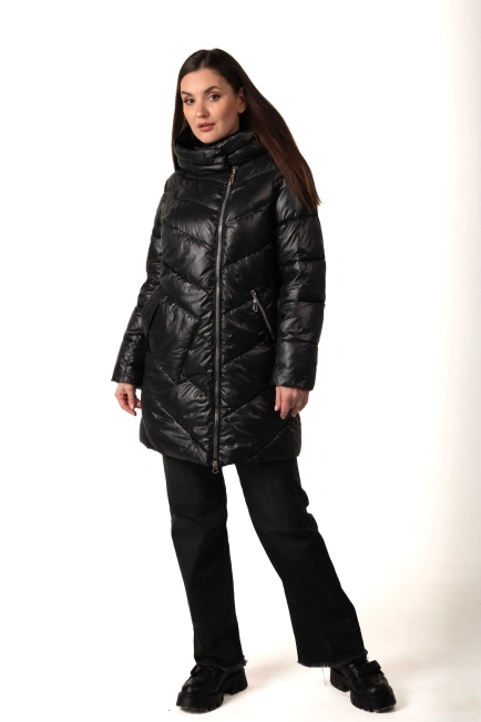 Женский черный биопуховик с накладным карманом-3