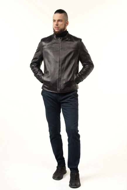 Чоловіча шкіряна куртка з кнопками на манжетах-9