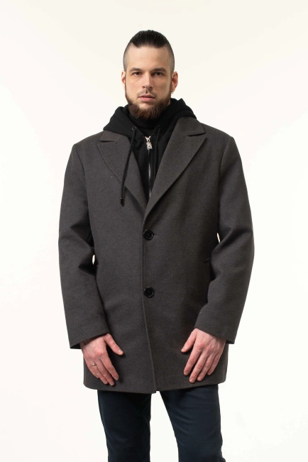 Пальто серого цвета демисезонное с капюшоном-1
