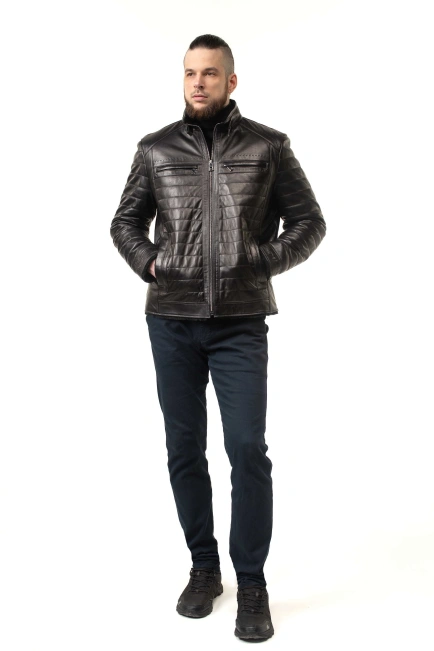 Чоловіча шкіряна дублянка з прострочкою-10