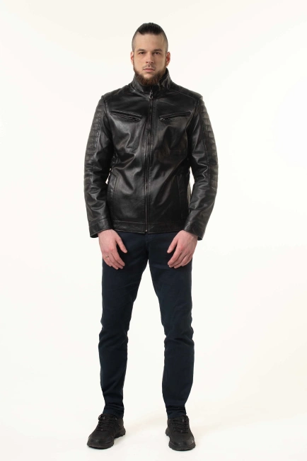 Шкіряна куртка чорна з прострочками-10