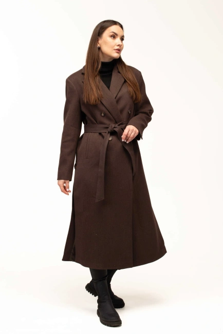 Жіноче пальто коричневого кольору з поясом-7