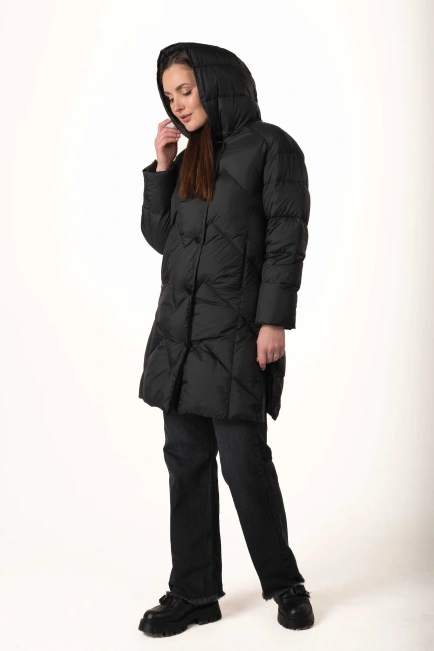 Длинный черный биопуховик с разрезами по бокам-10