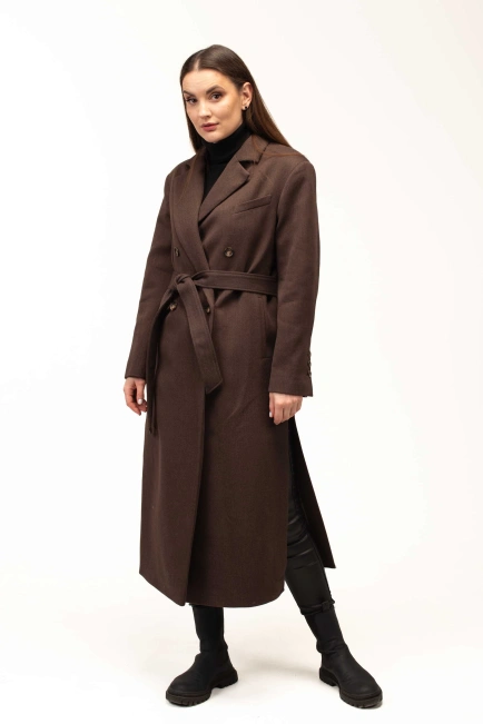 Жіноче пальто коричневого кольору з поясом-3