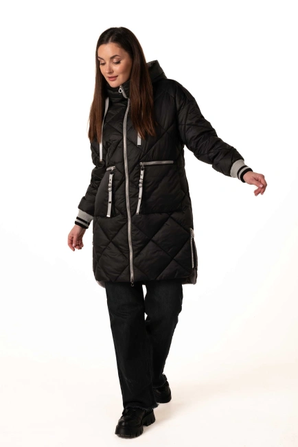 Женский зимний биопуховик черный с серым-5
