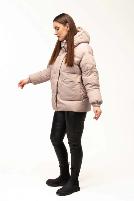 Жіночий бежевий біопуховик на холодну зиму-5