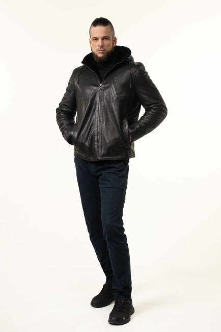 Шкіряна дублянка з капюшоном зимова-8