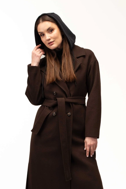 Жіноче пальто коричневе з чорним капюшоном-1