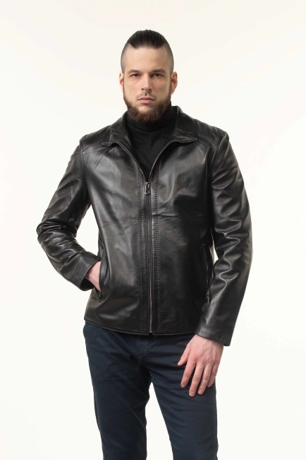 Мужская кожаная куртка черная гладкая-1