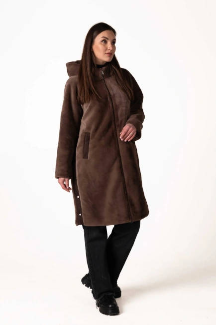 Коричневая прямая длинная шуба из экомеха-10
