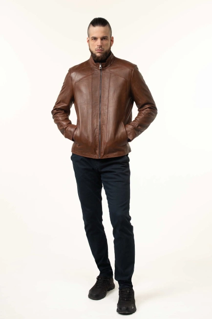 Шкіряна куртка чоловіча коричнева з тонуванням-3