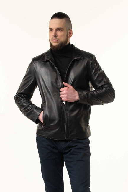 Мужская кожаная куртка черная гладкая-8