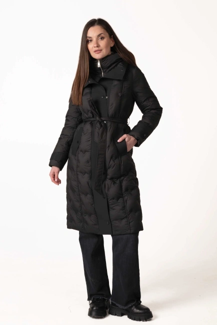 Пуховик з натуральним пухом, капюшоном та поясом-8