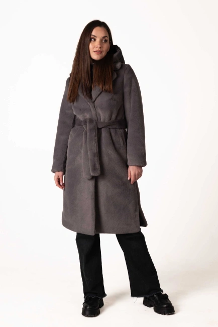 Шуба из экомеха тёмно-серого цвета с воротником-9