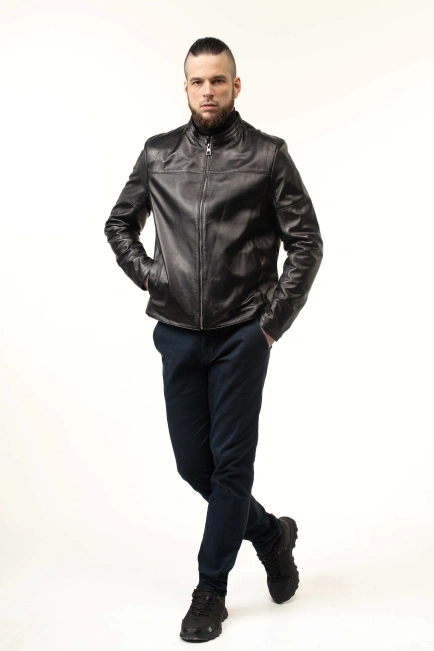 Чоловіча шкіряна куртка з кнопками на манжетах-5