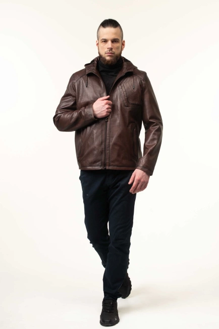 Шкіряна коричнева куртка з капюшоном чоловіча-5