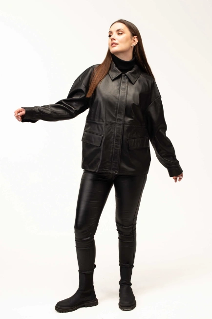 Жіноча шкіряна куртка-тренч чорна-3
