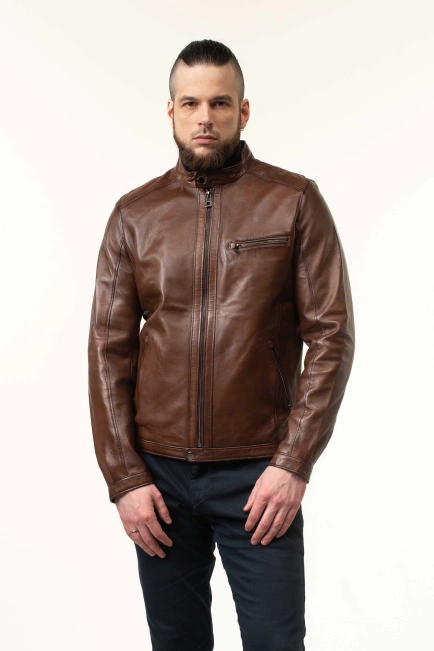 Мужская коричневая кожаная куртка с воротником-4