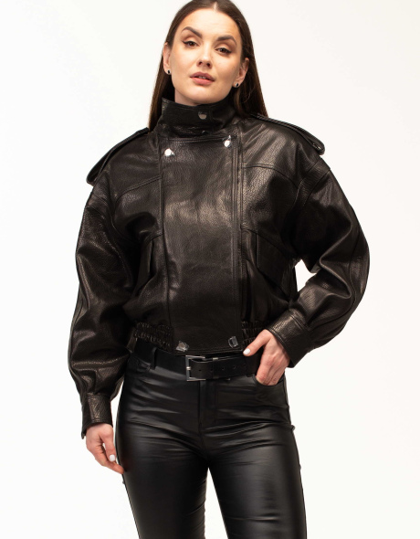 Шкіряна куртка-бомбер з подвійним коміром