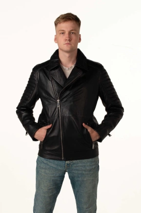Чоловіча шкіряна куртка-косуха чорна