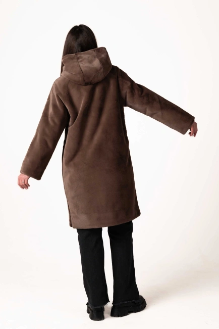 Коричневая прямая длинная шуба из экомеха-2