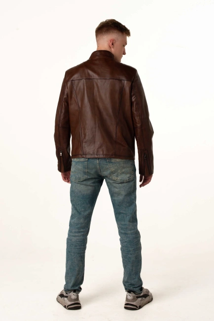 Чоловіча шкіряна куртка пряма коричнева-8