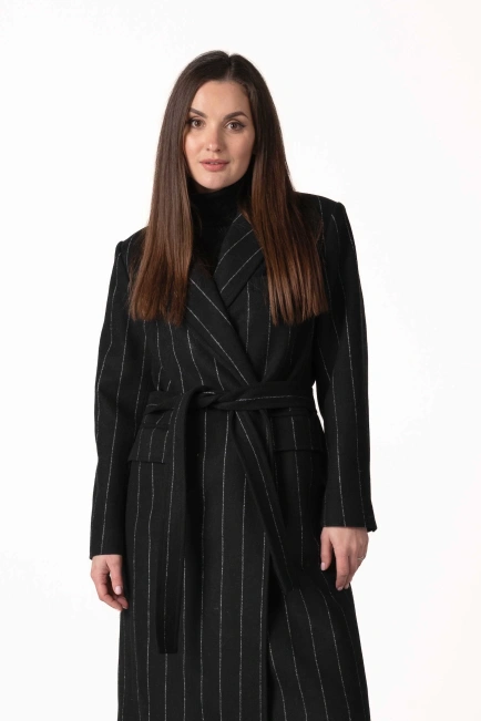 Жіноче класичне пальто чорне з білою смужкою-4