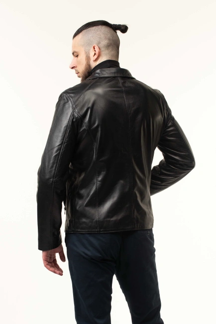 Мужская кожаная куртка черная гладкая-4