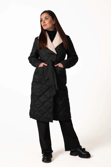 Черный биопуховик с английским воротником и поясом-7