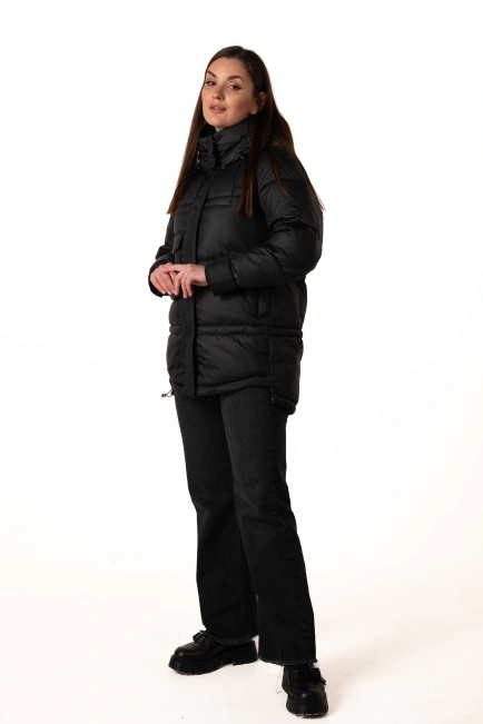 Черный биопуховик с капюшоном и кулисками-5