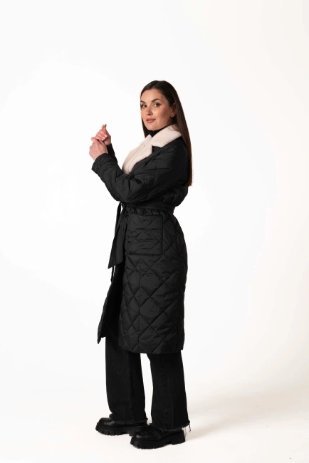 Черный биопуховик с английским воротником и поясом-5