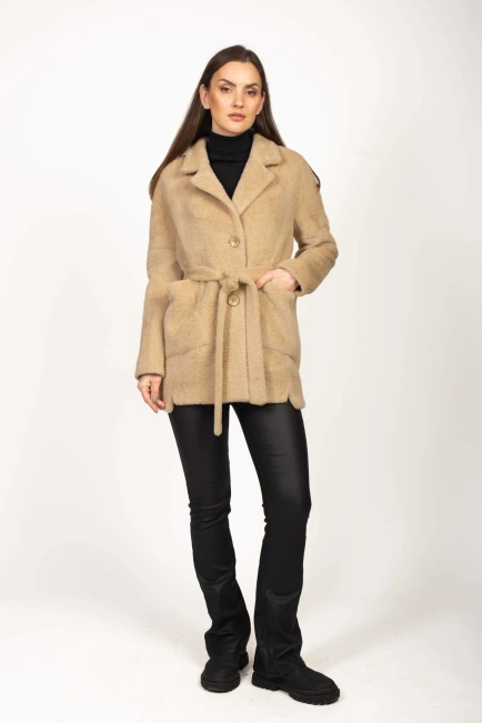 Шуба з еко-хутра бежевого кольору-7