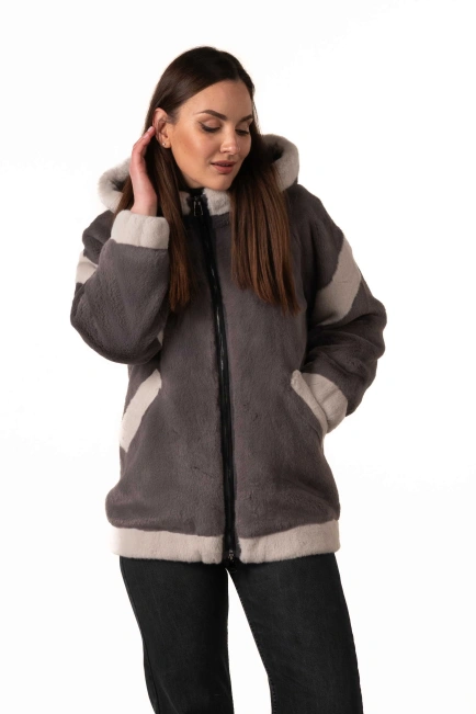 Шуба из экомеха серая со светлыми вставками-4