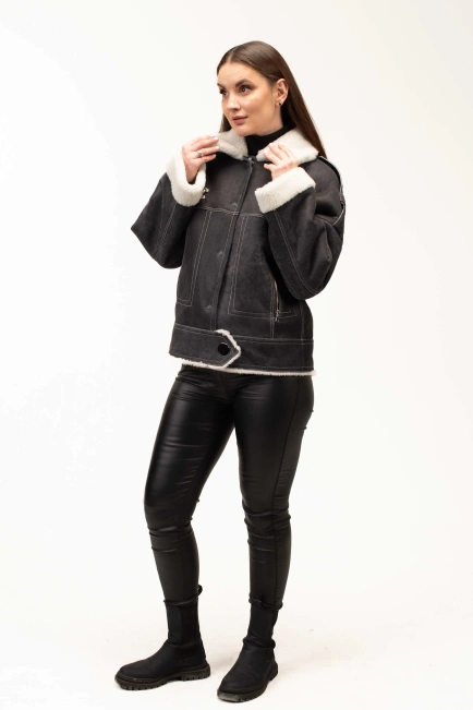 Жіноча сіра дублянка з комірцем з овчини-8