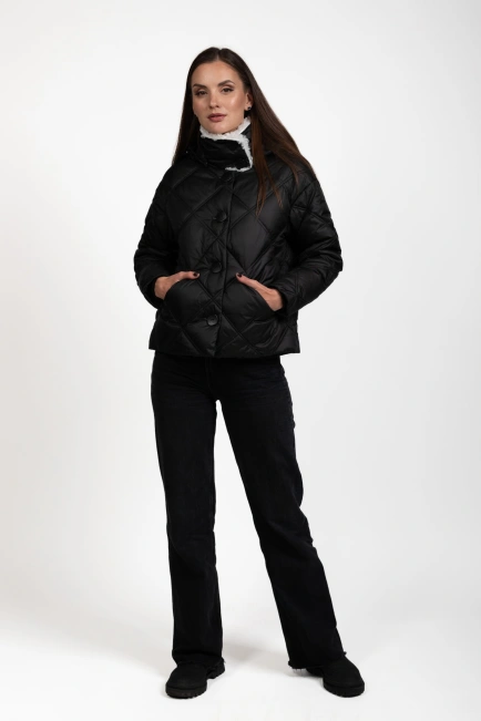 Жіночий біопуховик чорний стьобаний ромбами-2