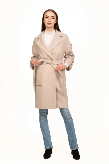 Жіноче пальто з поясом світлий беж-5