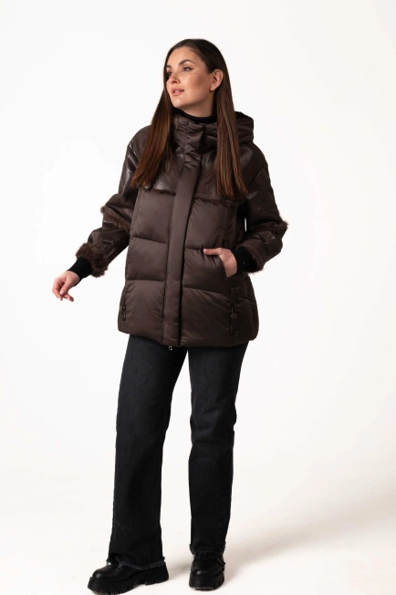 Биопуховик с кожаными и меховыми вставками-6