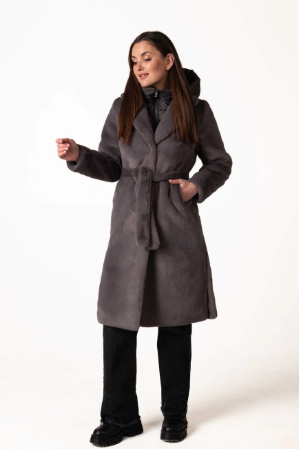 Шуба из экомеха тёмно-серого цвета с воротником-10
