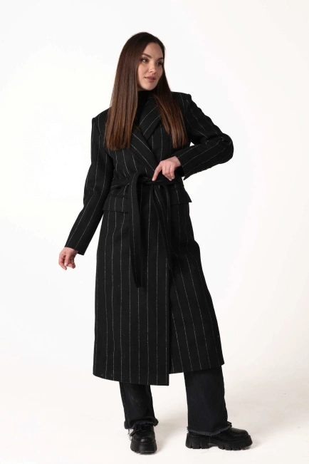 Жіноче класичне пальто чорне з білою смужкою-3
