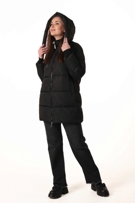 Женский чёрный биопуховик со съёмным капюшоном-10