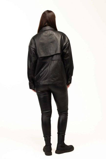 Жіноча шкіряна куртка-тренч чорна-2