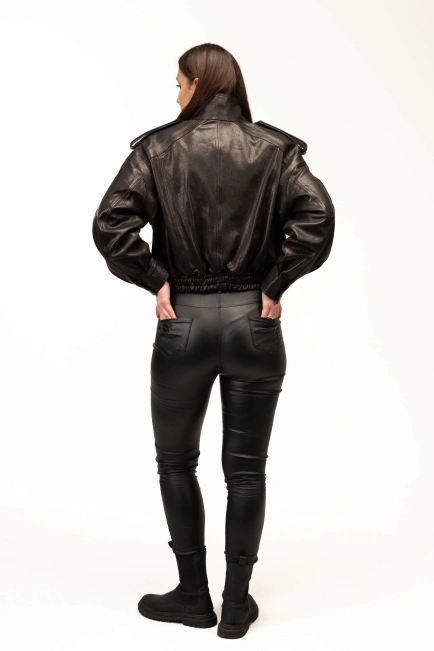 Шкіряна куртка-бомбер з подвійним коміром-2