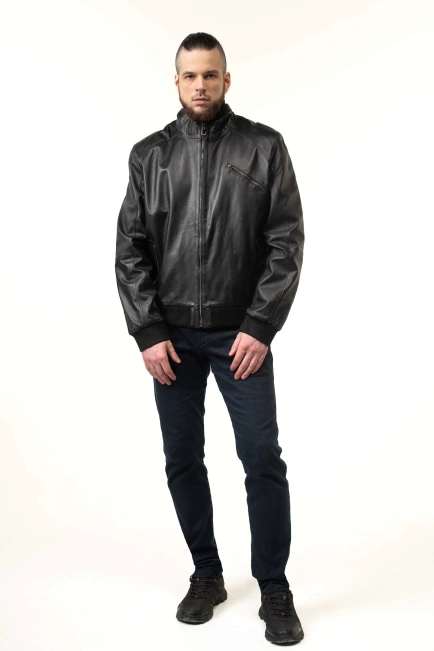 Чоловіча шкіряна куртка-бомбер з кишенями-9