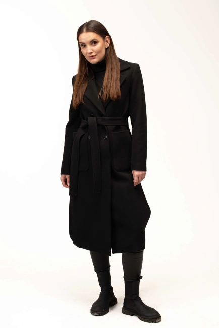 Жіноче пальто чорне під пояс довге-8