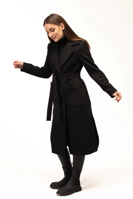 Жіноче пальто чорне під пояс довге-5