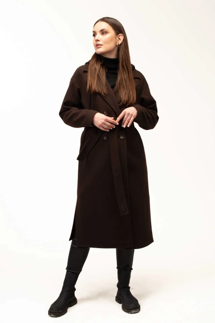 Жіноче пальто коричневе з чорним капюшоном-6